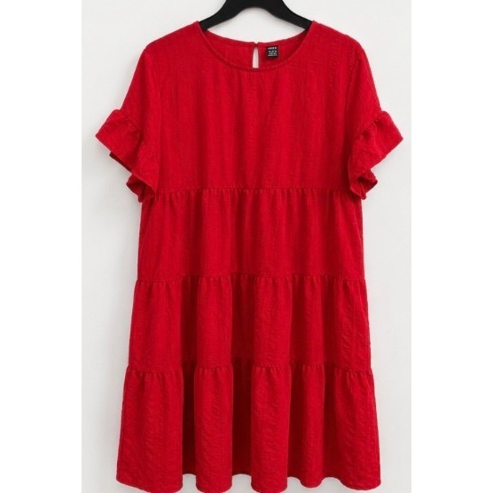 SHEIN Red Tiered Babydoll Mini Dress Ruffle Short Sleeve Textured Size L 8/10